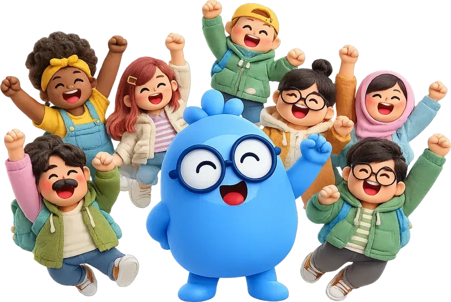 Mascote do LexoStudy comemorando junto com um grupo de estudantes