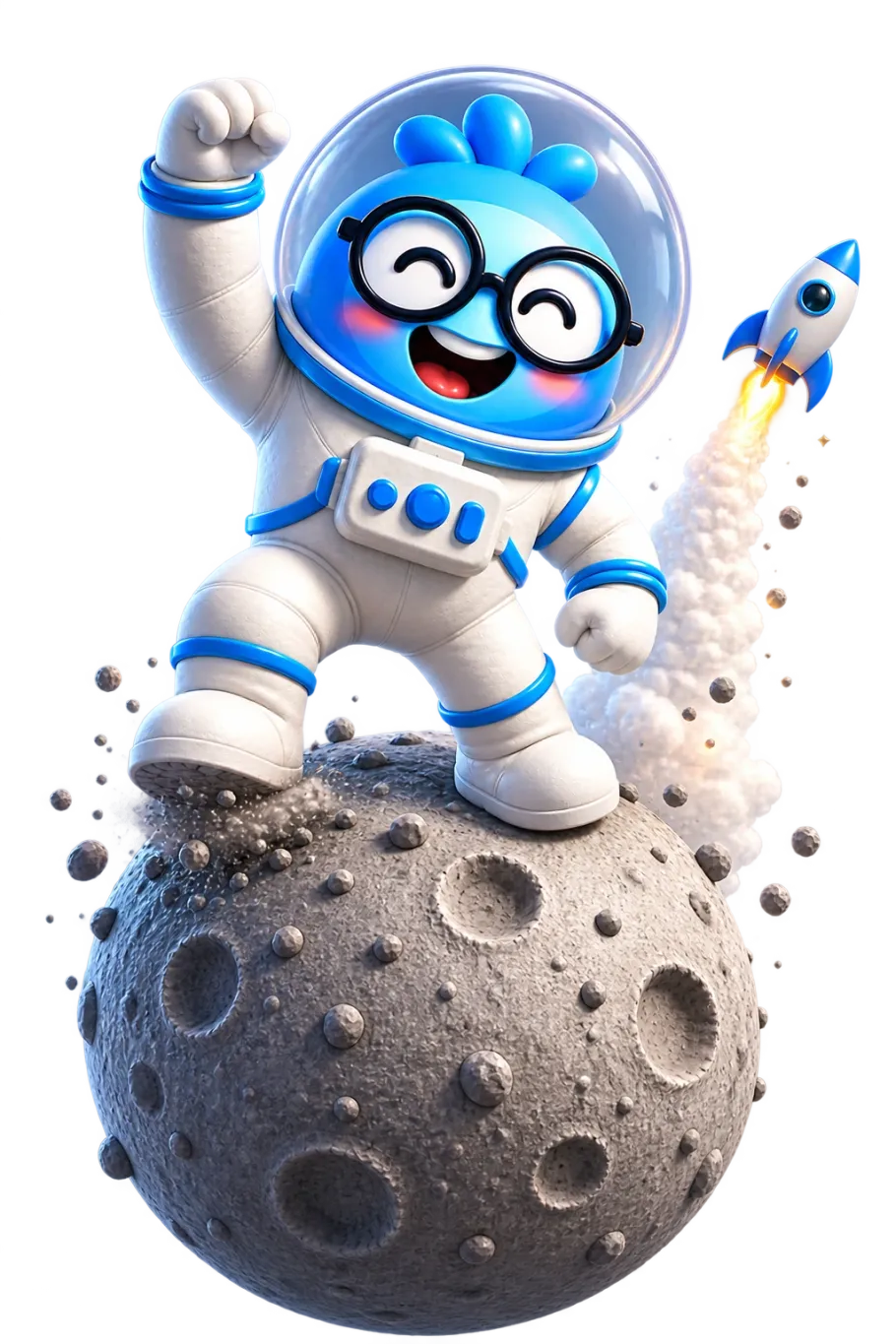 Mascote do LexoStudy vestido de astronauta, comemorando em pé sobre a lua, com um foguete decolando ao fundo